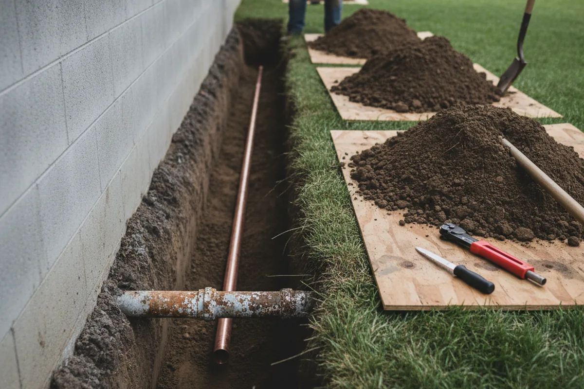 Excavated water line trench during Water Softener Installation in Bradleyville
